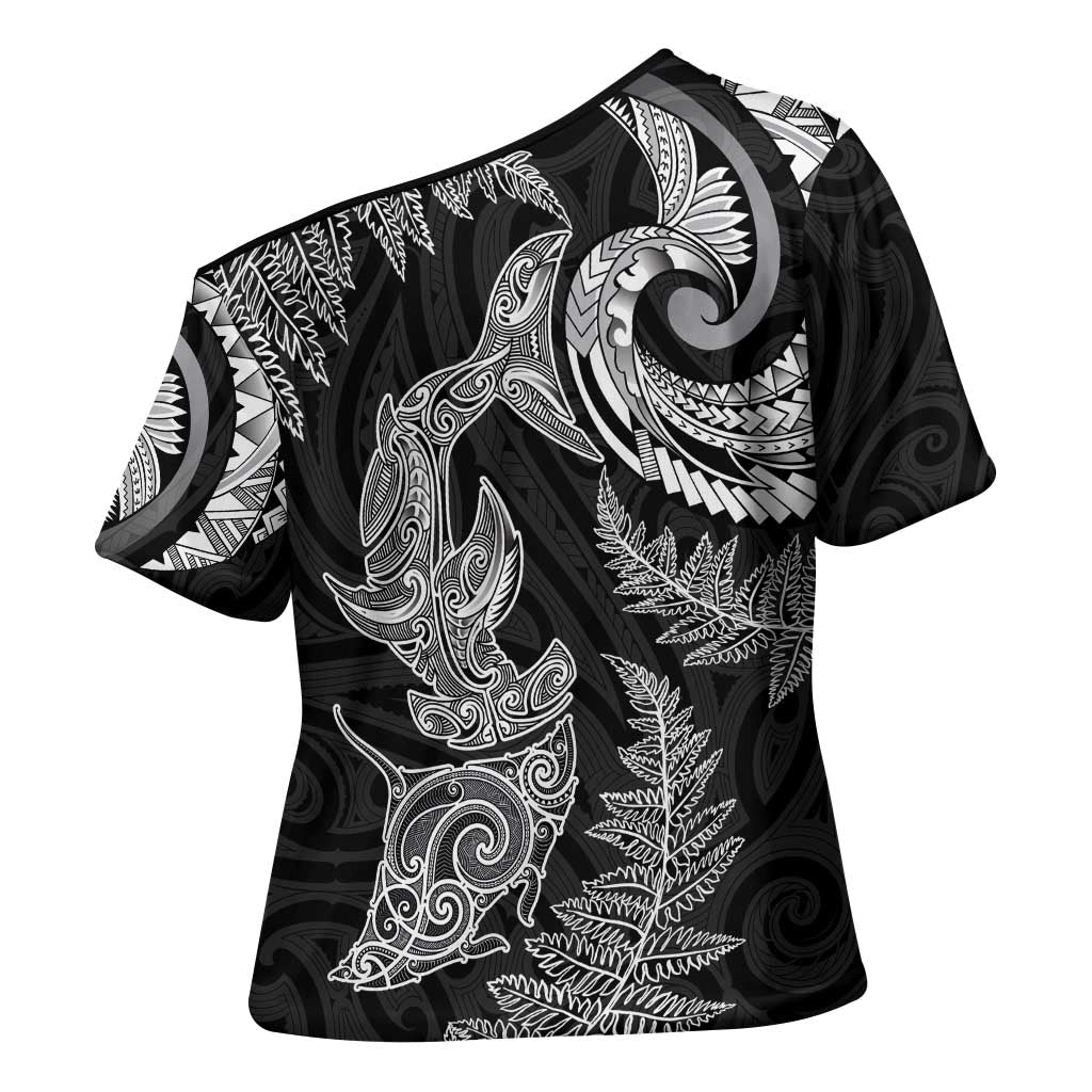 New Zealand Sea Animals with Maori Tribal Tattoo Cross Shoulder Shirt Shark Manta Ray with Silver Fern Black LT03 - Polynesian Pride