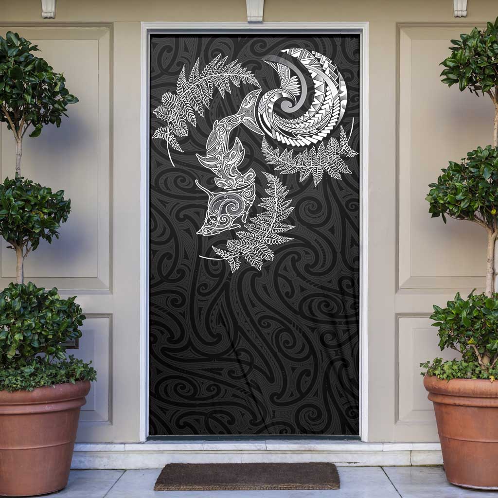 New Zealand Sea Animals with Maori Tribal Tattoo Door Cover Shark Manta Ray with Silver Fern Black LT03 Black - Polynesian Pride