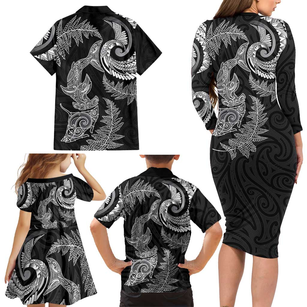 New Zealand Sea Animals with Maori Tribal Tattoo Family Matching Long Sleeve Bodycon Dress and Hawaiian Shirt Shark Manta Ray with Silver Fern Black LT03 - Polynesian Pride