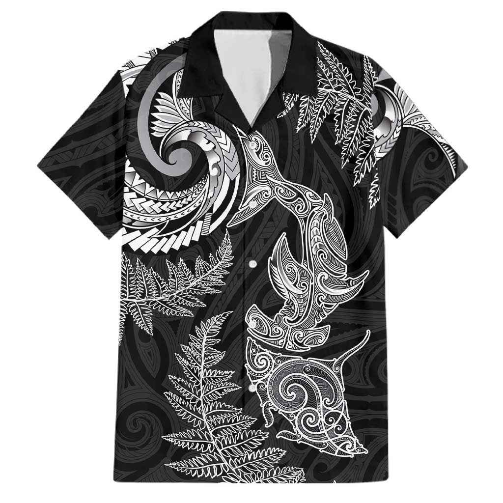 New Zealand Sea Animals with Maori Tribal Tattoo Family Matching Long Sleeve Bodycon Dress and Hawaiian Shirt Shark Manta Ray with Silver Fern Black LT03 Dad's Shirt - Short Sleeve Black - Polynesian Pride