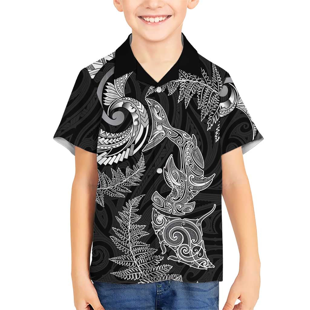 New Zealand Sea Animals with Maori Tribal Tattoo Family Matching Long Sleeve Bodycon Dress and Hawaiian Shirt Shark Manta Ray with Silver Fern Black LT03 Son's Shirt Black - Polynesian Pride
