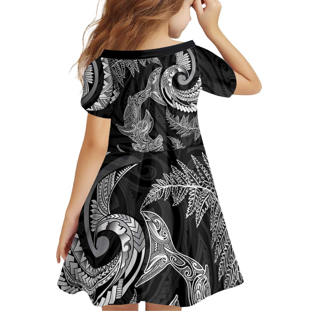 New Zealand Sea Animals with Maori Tribal Tattoo Family Matching Mermaid Dress and Hawaiian Shirt Shark Manta Ray with Silver Fern Black LT03 - Polynesian Pride