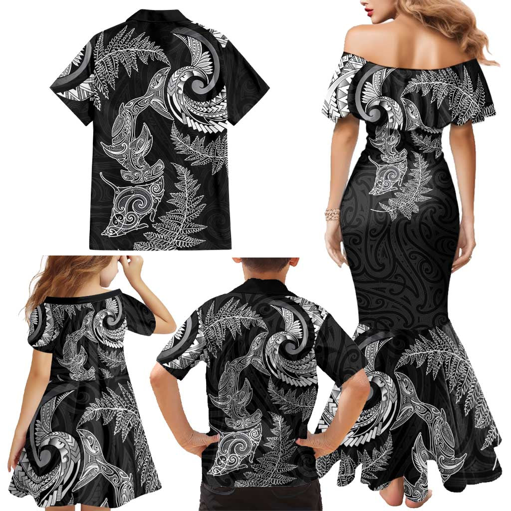 New Zealand Sea Animals with Maori Tribal Tattoo Family Matching Mermaid Dress and Hawaiian Shirt Shark Manta Ray with Silver Fern Black LT03 - Polynesian Pride