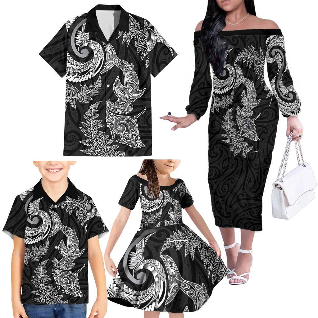 New Zealand Sea Animals with Maori Tribal Tattoo Family Matching Off The Shoulder Long Sleeve Dress and Hawaiian Shirt Shark Manta Ray with Silver Fern Black LT03 - Polynesian Pride