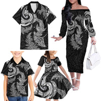 New Zealand Sea Animals with Maori Tribal Tattoo Family Matching Off The Shoulder Long Sleeve Dress and Hawaiian Shirt Shark Manta Ray with Silver Fern Black LT03 - Polynesian Pride
