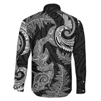New Zealand Sea Animals with Maori Tribal Tattoo Family Matching Off The Shoulder Long Sleeve Dress and Hawaiian Shirt Shark Manta Ray with Silver Fern Black LT03 - Polynesian Pride
