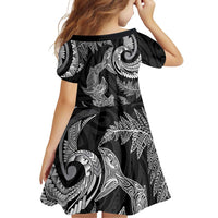 New Zealand Sea Animals with Maori Tribal Tattoo Family Matching Off Shoulder Maxi Dress and Hawaiian Shirt Shark Manta Ray with Silver Fern Black LT03 - Polynesian Pride