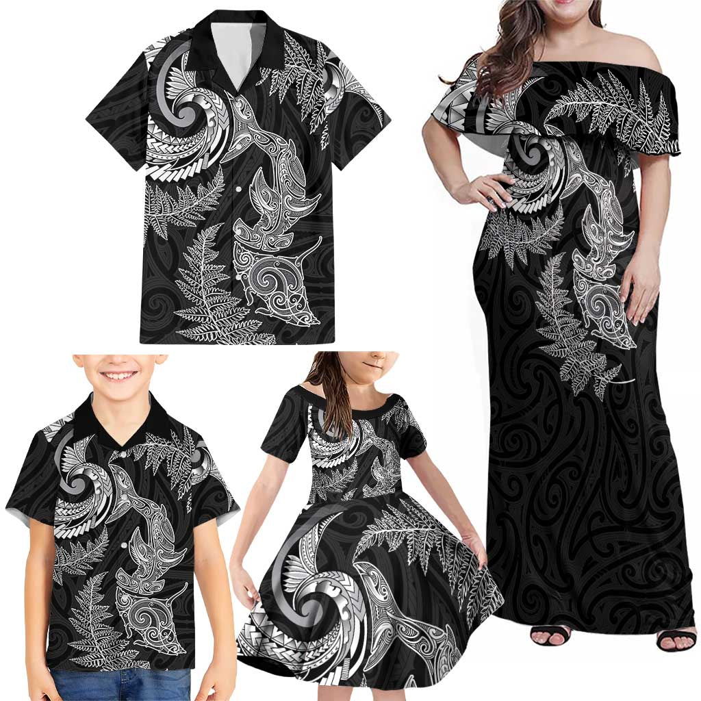 New Zealand Sea Animals with Maori Tribal Tattoo Family Matching Off Shoulder Maxi Dress and Hawaiian Shirt Shark Manta Ray with Silver Fern Black LT03 - Polynesian Pride