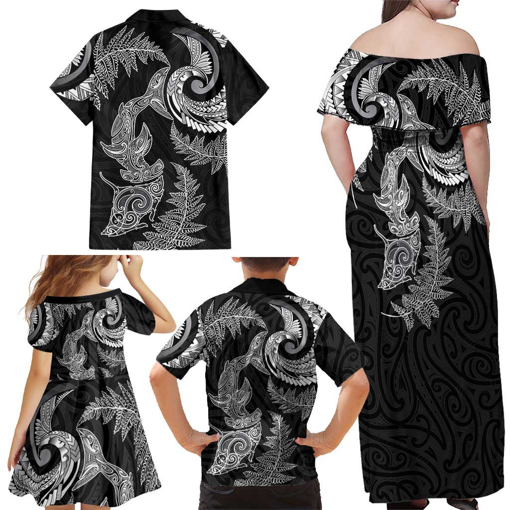 New Zealand Sea Animals with Maori Tribal Tattoo Family Matching Off Shoulder Maxi Dress and Hawaiian Shirt Shark Manta Ray with Silver Fern Black LT03 - Polynesian Pride