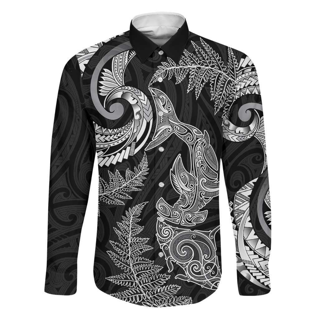 New Zealand Sea Animals with Maori Tribal Tattoo Family Matching Off Shoulder Maxi Dress and Hawaiian Shirt Shark Manta Ray with Silver Fern Black LT03 Dad's Shirt - Long Sleeve Black - Polynesian Pride