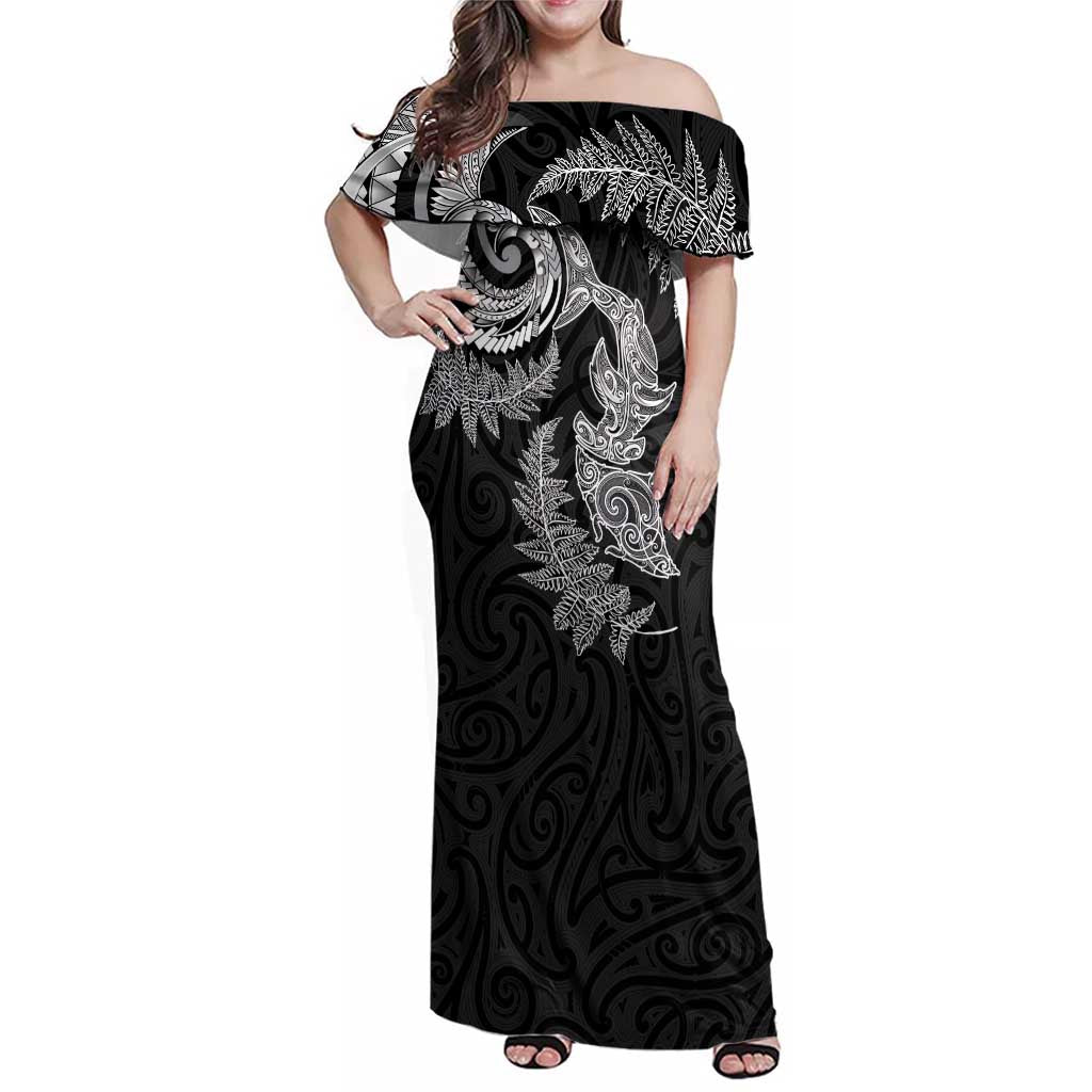 New Zealand Sea Animals with Maori Tribal Tattoo Family Matching Off Shoulder Maxi Dress and Hawaiian Shirt Shark Manta Ray with Silver Fern Black LT03 Mom's Dress Black - Polynesian Pride