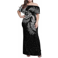 New Zealand Sea Animals with Maori Tribal Tattoo Family Matching Off Shoulder Maxi Dress and Hawaiian Shirt Shark Manta Ray with Silver Fern Black LT03 Mom's Dress Black - Polynesian Pride