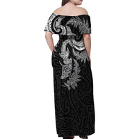 New Zealand Sea Animals with Maori Tribal Tattoo Family Matching Off Shoulder Maxi Dress and Hawaiian Shirt Shark Manta Ray with Silver Fern Black LT03 - Polynesian Pride