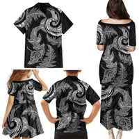 New Zealand Sea Animals with Maori Tribal Tattoo Family Matching Puletasi and Hawaiian Shirt Shark Manta Ray with Silver Fern Black LT03 - Polynesian Pride