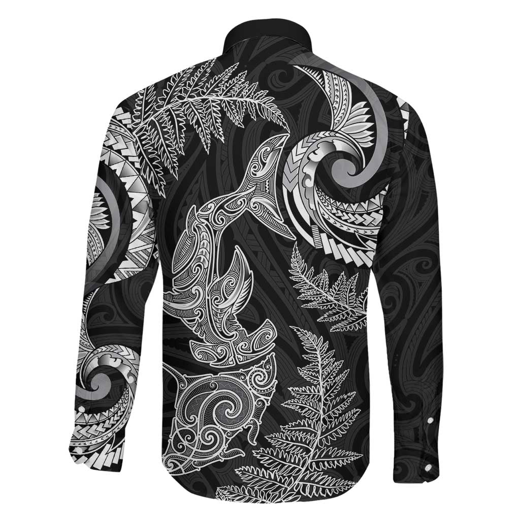 New Zealand Sea Animals with Maori Tribal Tattoo Family Matching Puletasi and Hawaiian Shirt Shark Manta Ray with Silver Fern Black LT03 - Polynesian Pride