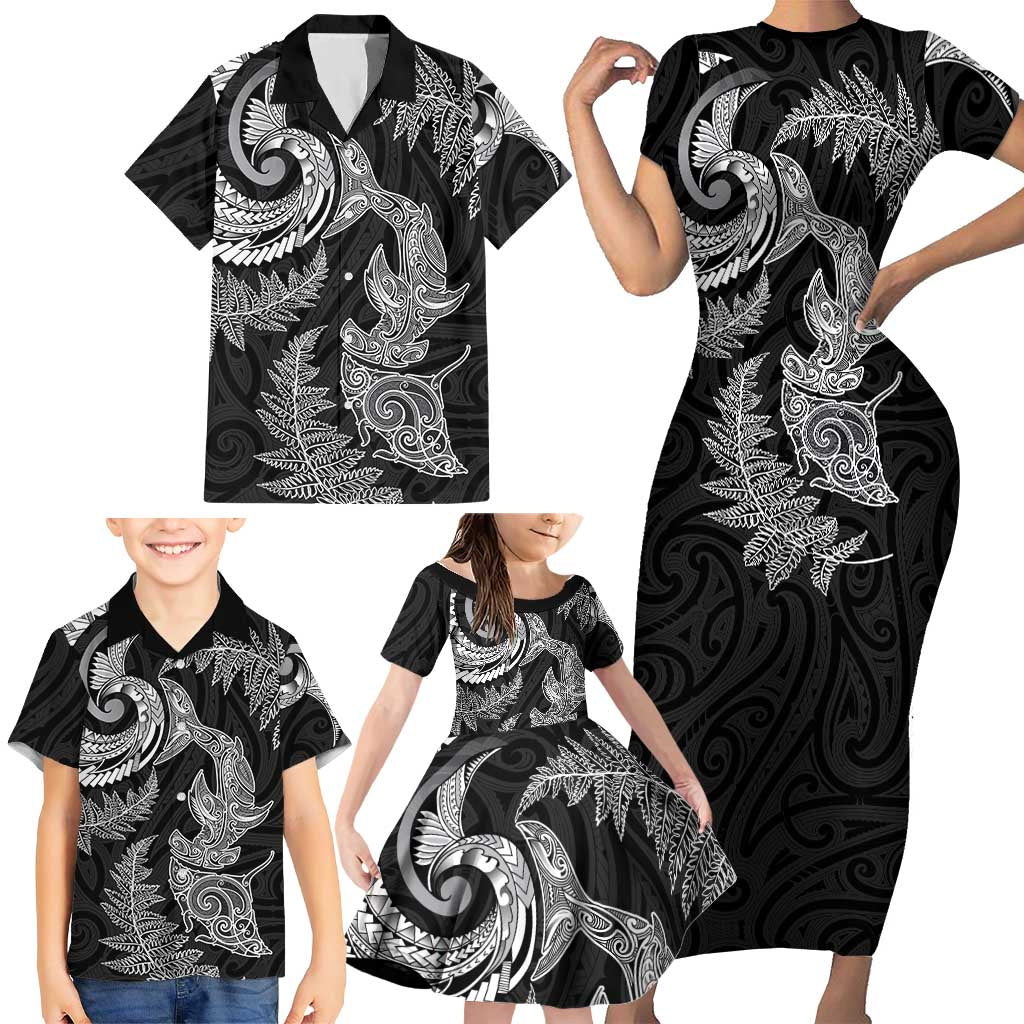 New Zealand Sea Animals with Maori Tribal Tattoo Family Matching Short Sleeve Bodycon Dress and Hawaiian Shirt Shark Manta Ray with Silver Fern Black LT03 - Polynesian Pride