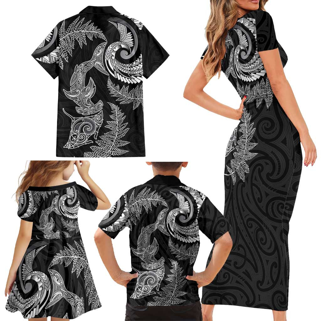 New Zealand Sea Animals with Maori Tribal Tattoo Family Matching Short Sleeve Bodycon Dress and Hawaiian Shirt Shark Manta Ray with Silver Fern Black LT03 - Polynesian Pride