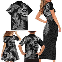 New Zealand Sea Animals with Maori Tribal Tattoo Family Matching Short Sleeve Bodycon Dress and Hawaiian Shirt Shark Manta Ray with Silver Fern Black LT03 - Polynesian Pride