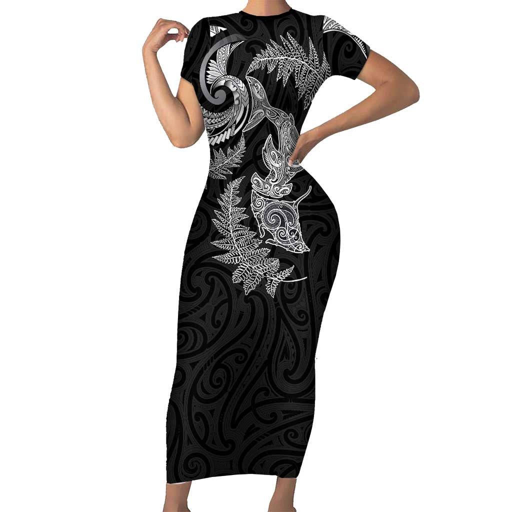 New Zealand Sea Animals with Maori Tribal Tattoo Family Matching Short Sleeve Bodycon Dress and Hawaiian Shirt Shark Manta Ray with Silver Fern Black LT03 Mom's Dress Black - Polynesian Pride