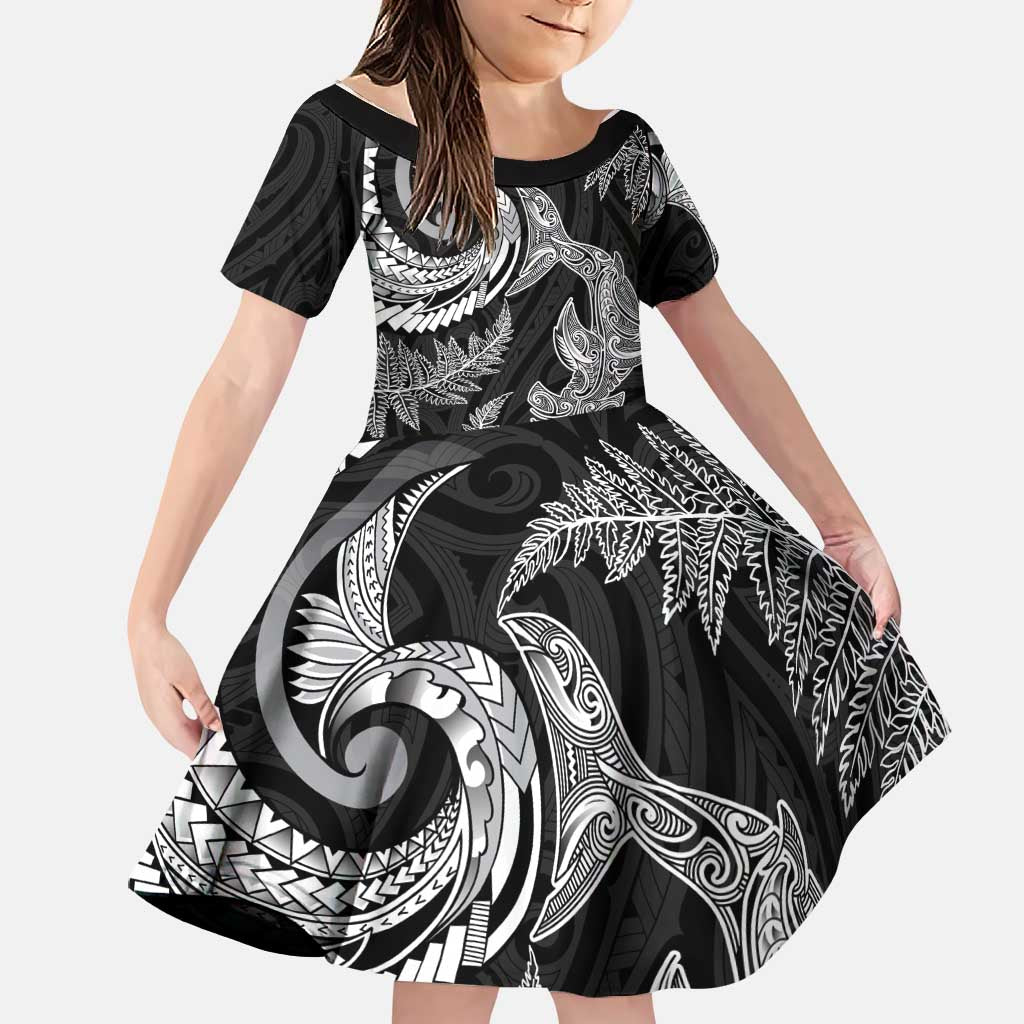 New Zealand Sea Animals with Maori Tribal Tattoo Family Matching Summer Maxi Dress and Hawaiian Shirt Shark Manta Ray with Silver Fern Black LT03 Daughter's Dress Black - Polynesian Pride