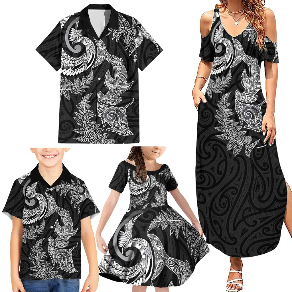 New Zealand Sea Animals with Maori Tribal Tattoo Family Matching Summer Maxi Dress and Hawaiian Shirt Shark Manta Ray with Silver Fern Black LT03 - Polynesian Pride