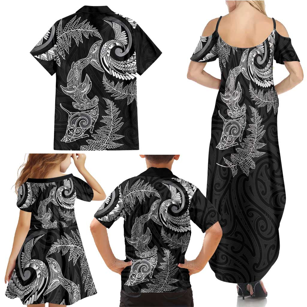 New Zealand Sea Animals with Maori Tribal Tattoo Family Matching Summer Maxi Dress and Hawaiian Shirt Shark Manta Ray with Silver Fern Black LT03 - Polynesian Pride