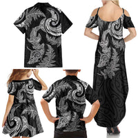New Zealand Sea Animals with Maori Tribal Tattoo Family Matching Summer Maxi Dress and Hawaiian Shirt Shark Manta Ray with Silver Fern Black LT03 - Polynesian Pride