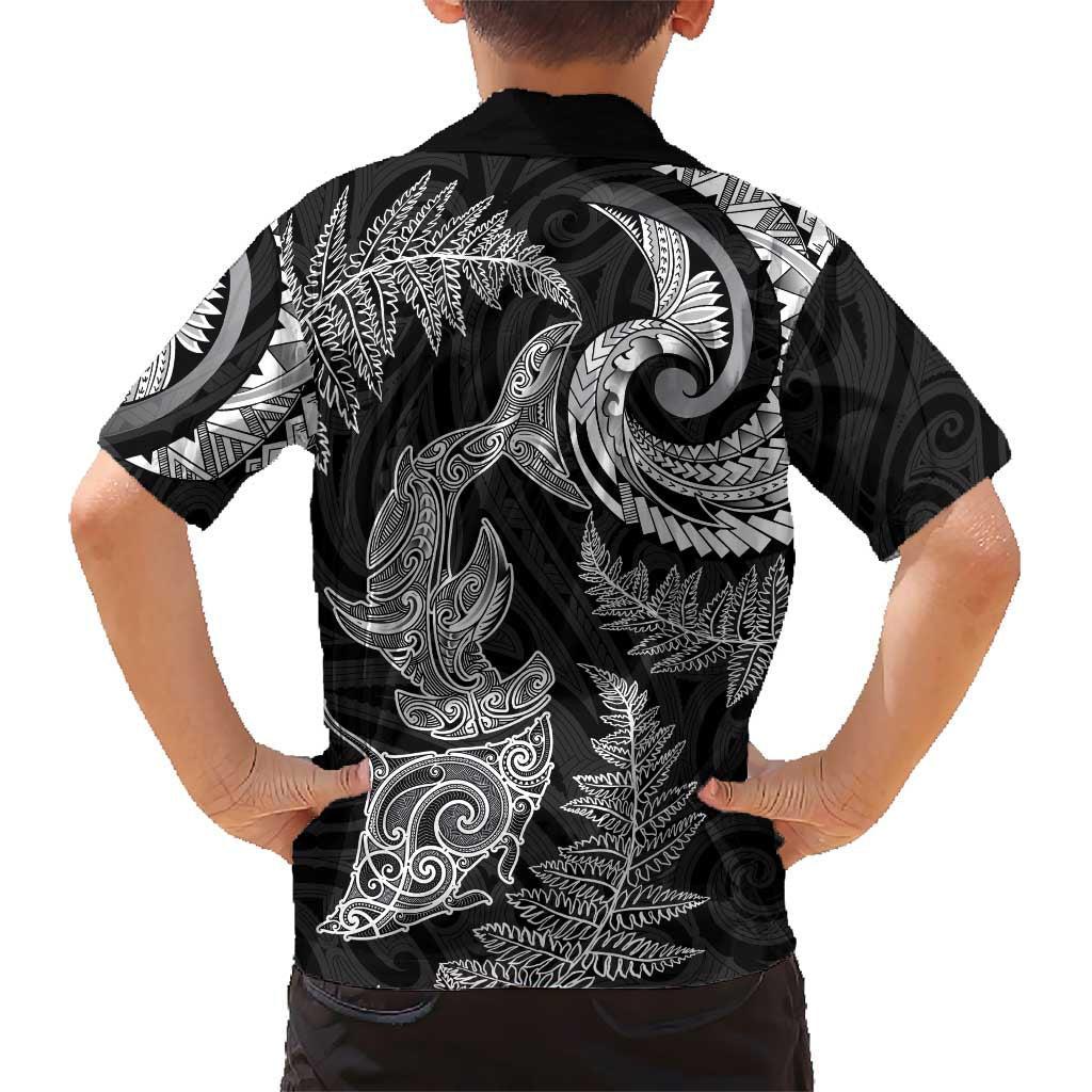 New Zealand Sea Animals with Maori Tribal Tattoo Family Matching Tank Maxi Dress and Hawaiian Shirt Shark Manta Ray with Silver Fern Black LT03 - Polynesian Pride