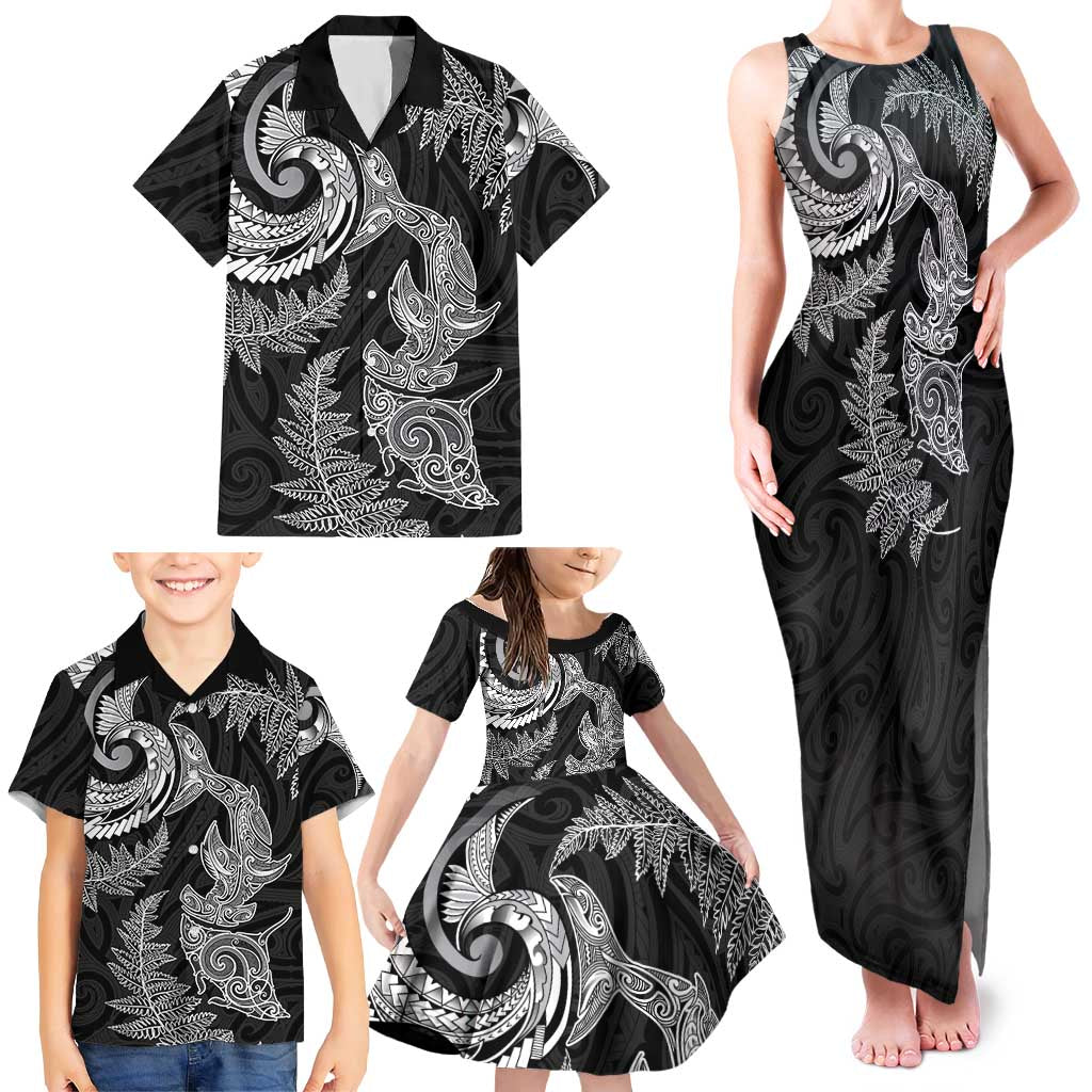 New Zealand Sea Animals with Maori Tribal Tattoo Family Matching Tank Maxi Dress and Hawaiian Shirt Shark Manta Ray with Silver Fern Black LT03 - Polynesian Pride