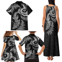New Zealand Sea Animals with Maori Tribal Tattoo Family Matching Tank Maxi Dress and Hawaiian Shirt Shark Manta Ray with Silver Fern Black LT03 - Polynesian Pride