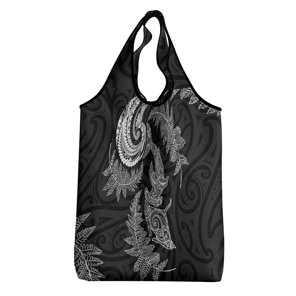 New Zealand Sea Animals with Maori Tribal Tattoo Grocery Bag Shark Manta Ray with Silver Fern Black LT03 - Polynesian Pride