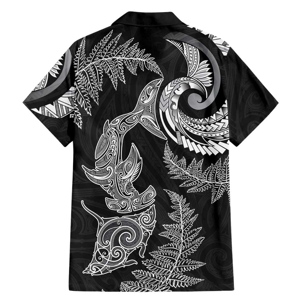 New Zealand Sea Animals with Maori Tribal Tattoo Hawaiian Shirt Shark Manta Ray with Silver Fern Black LT03 - Polynesian Pride