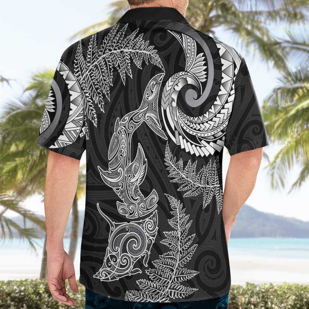 New Zealand Sea Animals with Maori Tribal Tattoo Hawaiian Shirt Shark Manta Ray with Silver Fern Black LT03 - Polynesian Pride