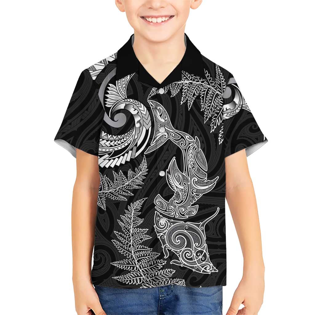 New Zealand Sea Animals with Maori Tribal Tattoo Hawaiian Shirt Shark Manta Ray with Silver Fern Black LT03 - Polynesian Pride
