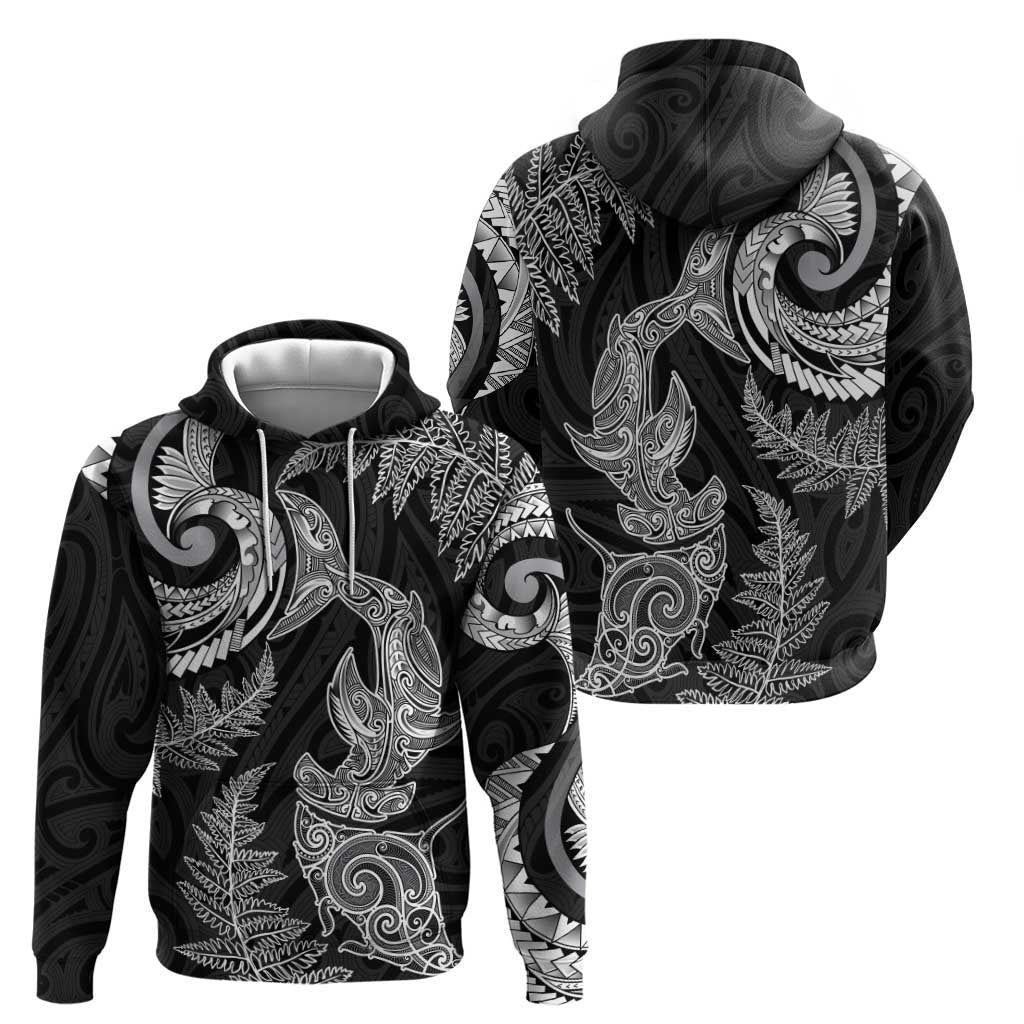 New Zealand Sea Animals with Maori Tribal Tattoo Hoodie Shark Manta Ray with Silver Fern Black LT03 - Polynesian Pride
