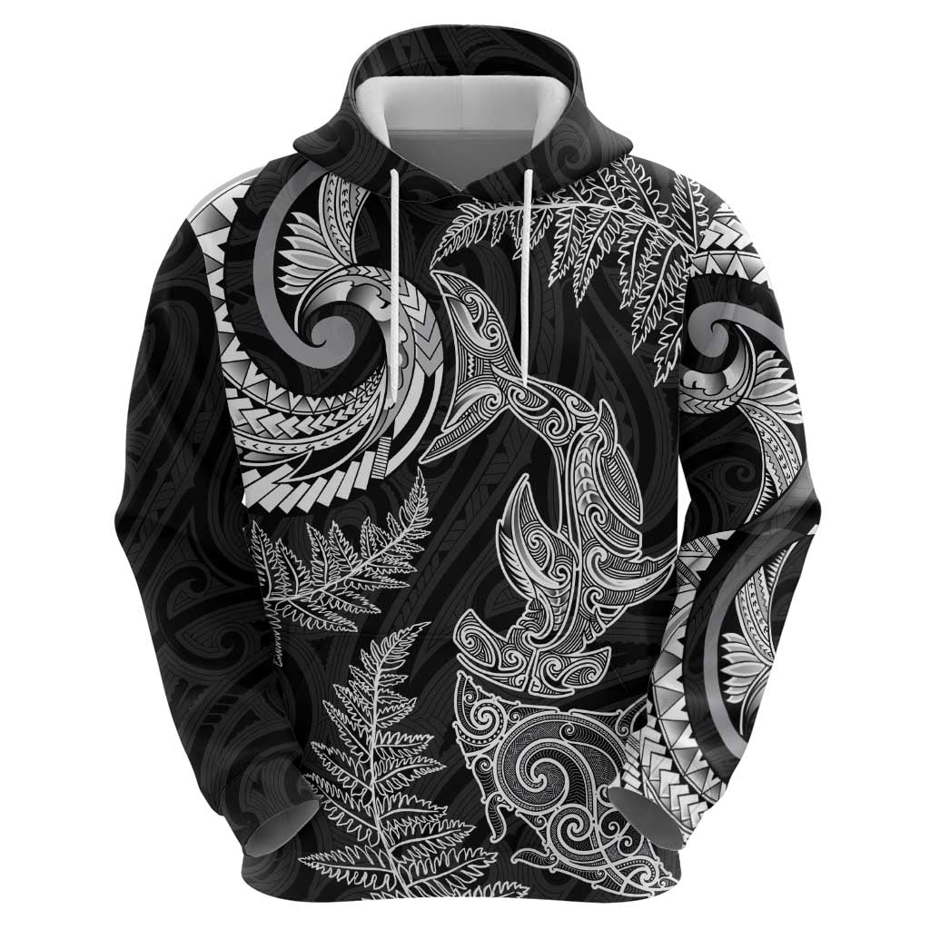 New Zealand Sea Animals with Maori Tribal Tattoo Hoodie Shark Manta Ray with Silver Fern Black LT03 - Polynesian Pride