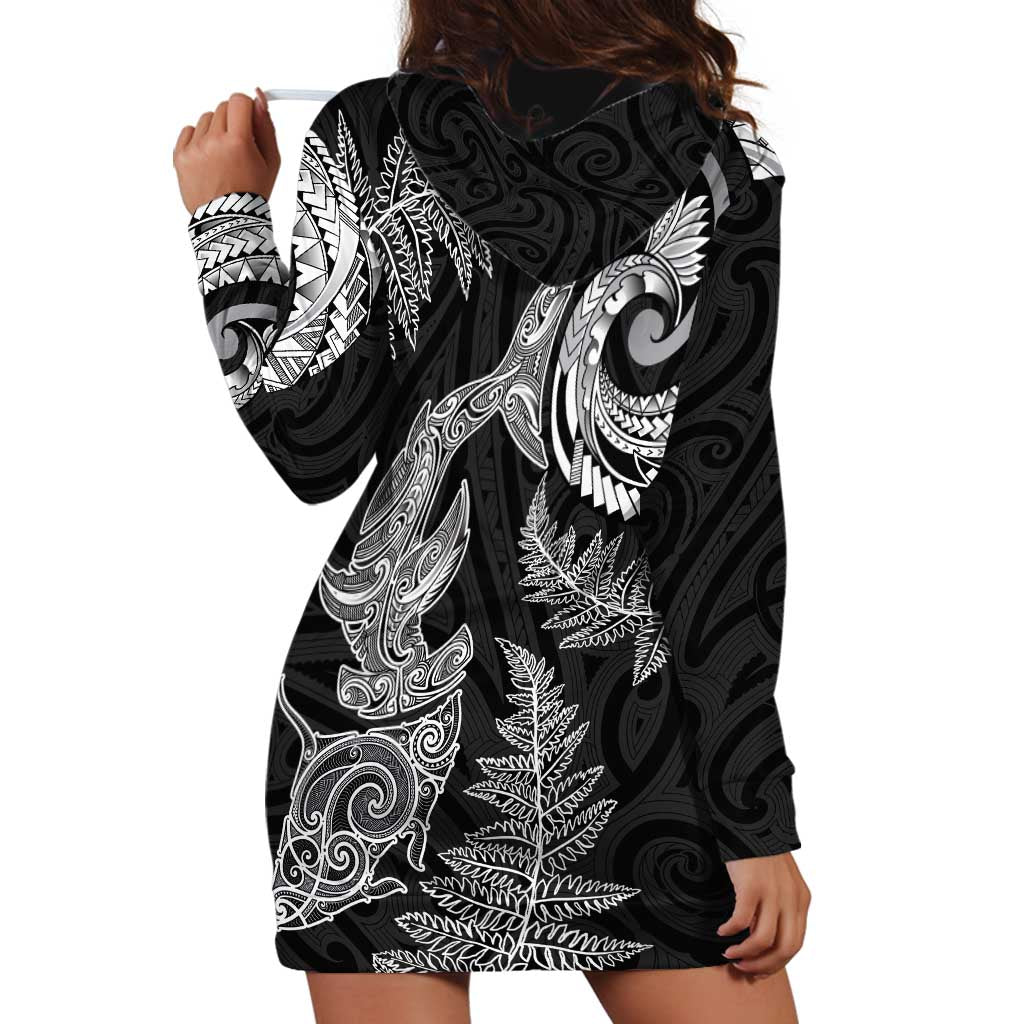 New Zealand Sea Animals with Maori Tribal Tattoo Hoodie Dress Shark Manta Ray with Silver Fern Black LT03 - Polynesian Pride