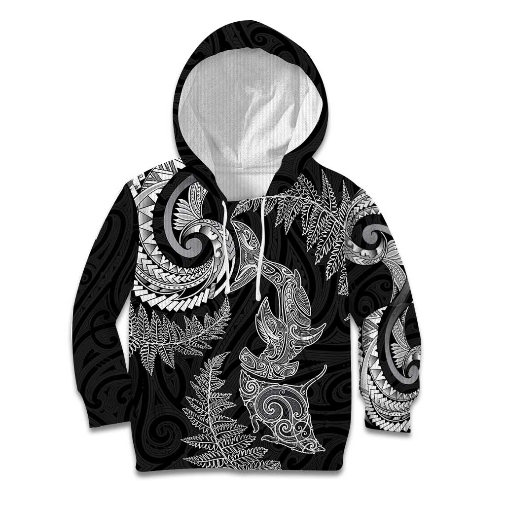 New Zealand Sea Animals with Maori Tribal Tattoo Kid Hoodie Shark Manta Ray with Silver Fern Black