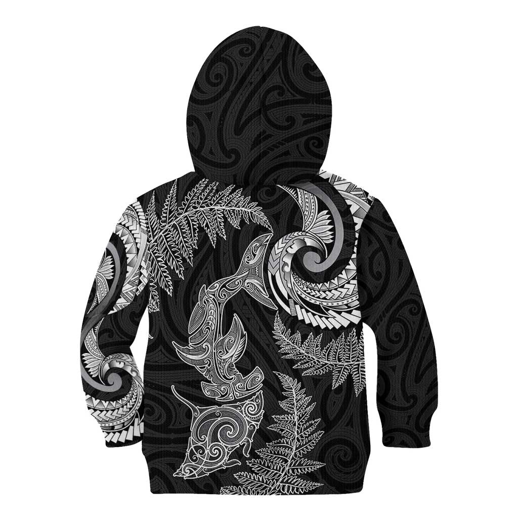 New Zealand Sea Animals with Maori Tribal Tattoo Kid Hoodie Shark Manta Ray with Silver Fern Black LT03 - Polynesian Pride