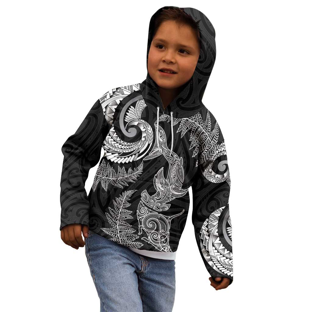 New Zealand Sea Animals with Maori Tribal Tattoo Kid Hoodie Shark Manta Ray with Silver Fern Black LT03 - Polynesian Pride