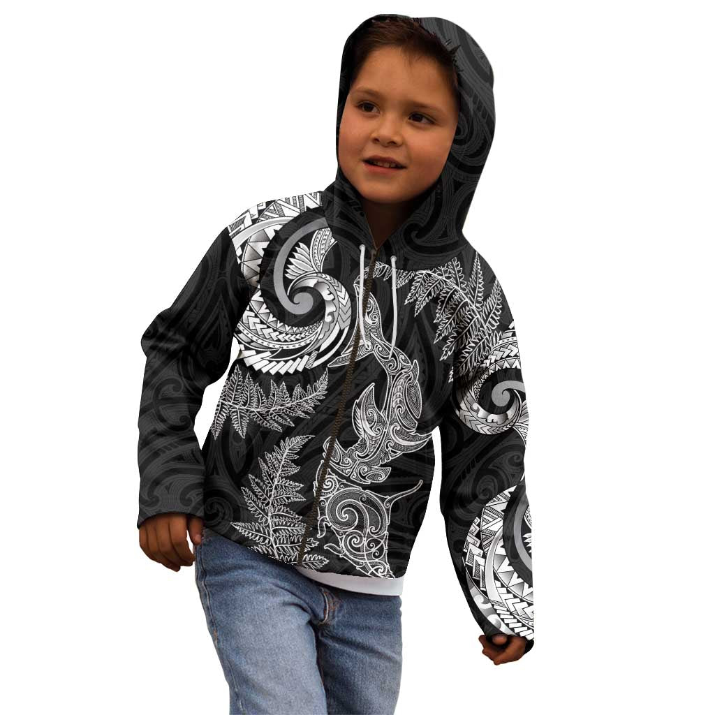 New Zealand Sea Animals with Maori Tribal Tattoo Kid Hoodie Shark Manta Ray with Silver Fern Black LT03 - Polynesian Pride