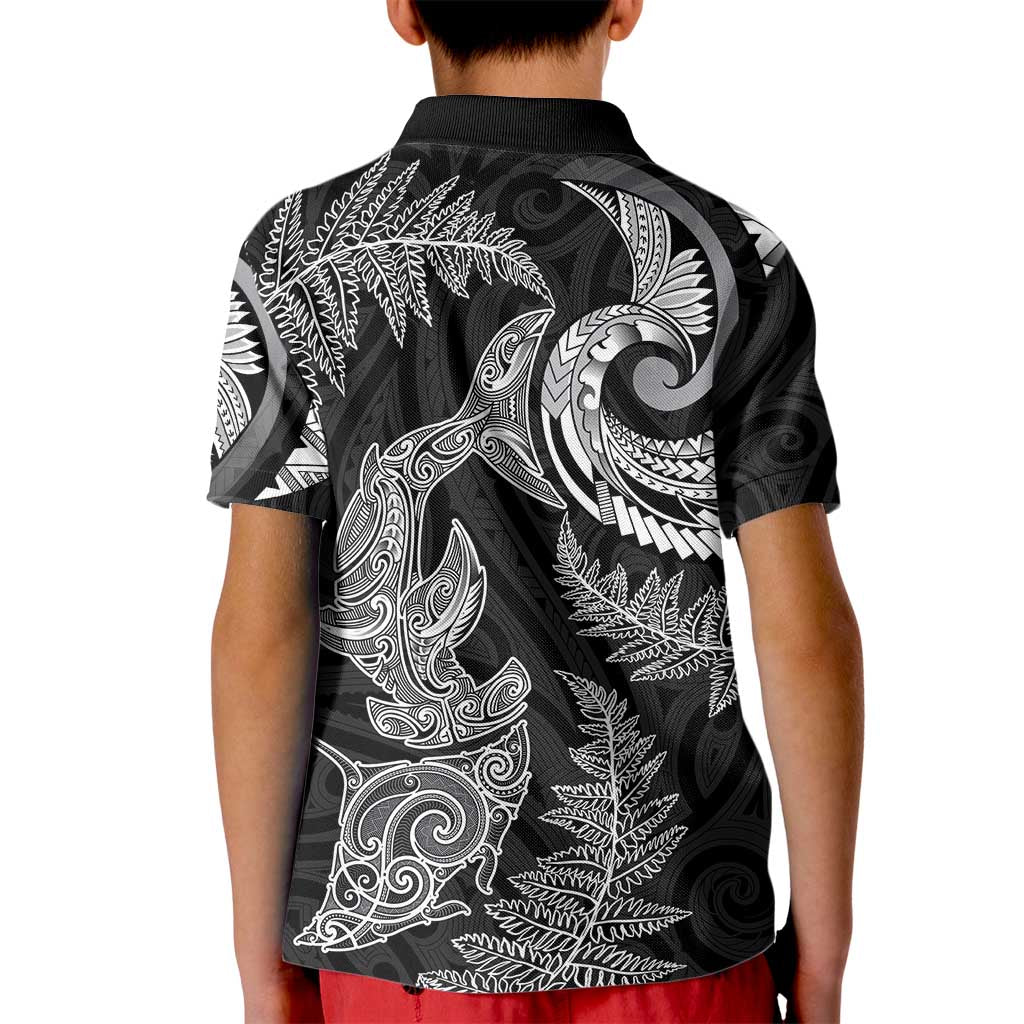 New Zealand Sea Animals with Maori Tribal Tattoo Kid Polo Shirt Shark Manta Ray with Silver Fern Black LT03 - Polynesian Pride