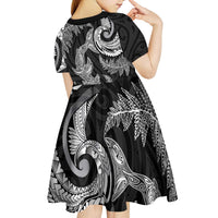 New Zealand Sea Animals with Maori Tribal Tattoo Kid Short Sleeve Dress Shark Manta Ray with Silver Fern Black LT03 - Polynesian Pride