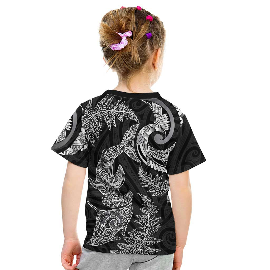 New Zealand Sea Animals with Maori Tribal Tattoo Kid T Shirt Shark Manta Ray with Silver Fern Black LT03 - Polynesian Pride