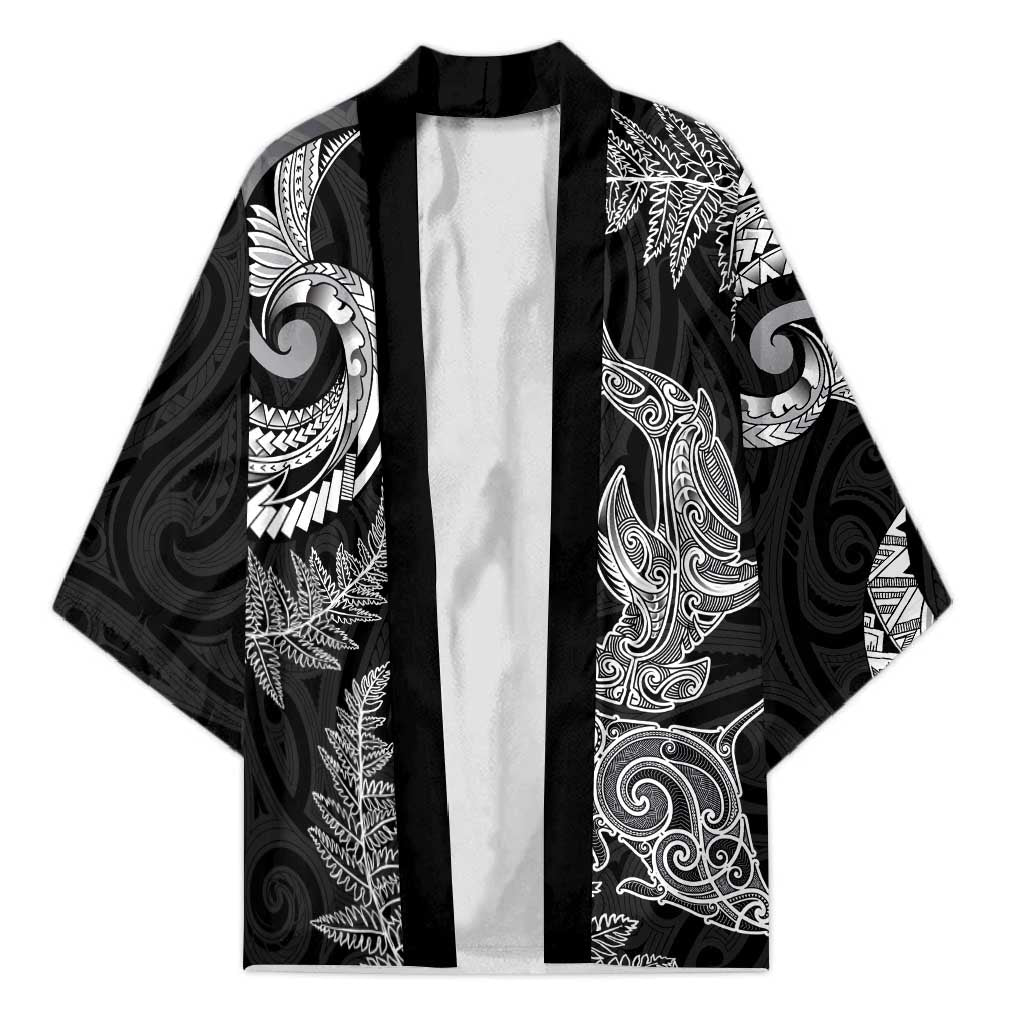 New Zealand Sea Animals with Maori Tribal Tattoo Kimono Shark Manta Ray with Silver Fern Black LT03 Unisex Black - Polynesian Pride