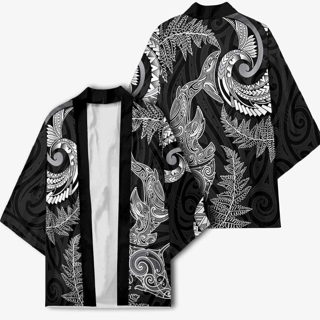 New Zealand Sea Animals with Maori Tribal Tattoo Kimono Shark Manta Ray with Silver Fern Black LT03 - Polynesian Pride