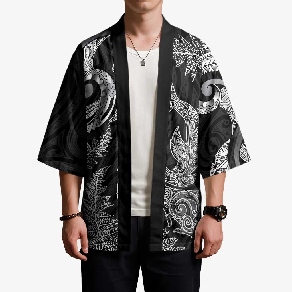 New Zealand Sea Animals with Maori Tribal Tattoo Kimono Shark Manta Ray with Silver Fern Black LT03 - Polynesian Pride