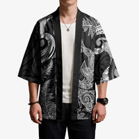 New Zealand Sea Animals with Maori Tribal Tattoo Kimono Shark Manta Ray with Silver Fern Black LT03 - Polynesian Pride