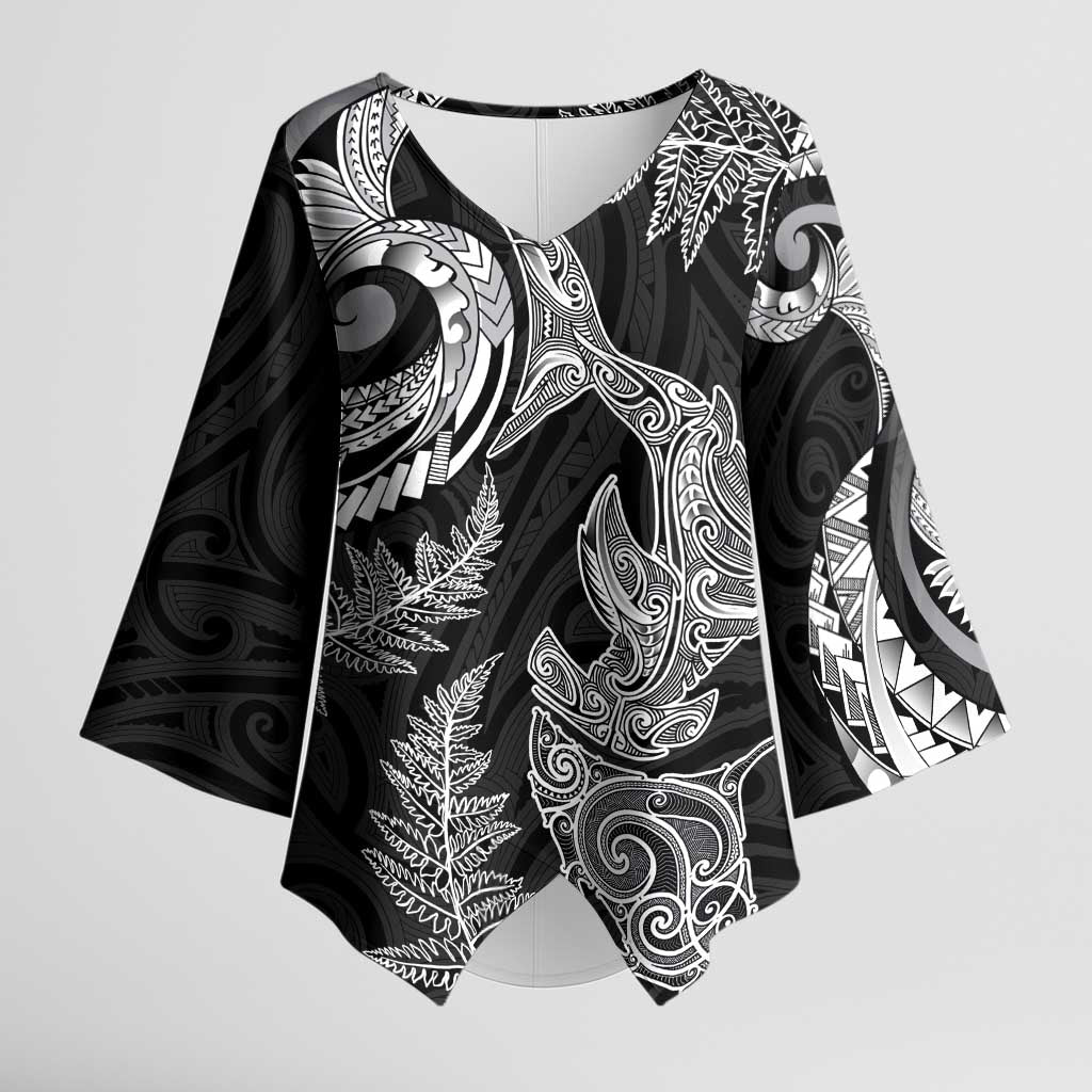 New Zealand Sea Animals with Maori Tribal Tattoo Kimono Sleeve Blouse Shark Manta Ray with Silver Fern Black LT03 Female Black - Polynesian Pride