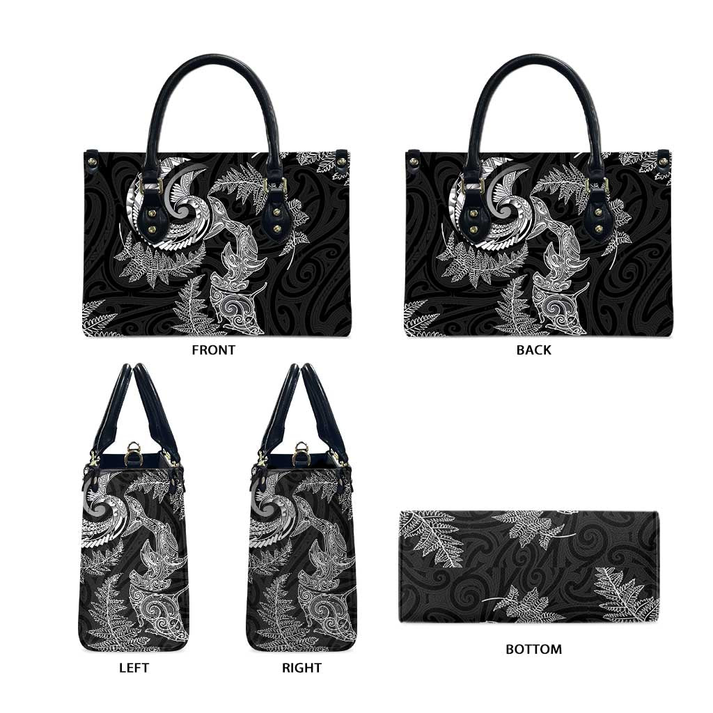 New Zealand Sea Animals with Maori Tribal Tattoo Leather Bag Shark Manta Ray with Silver Fern Black LT03 - Polynesian Pride